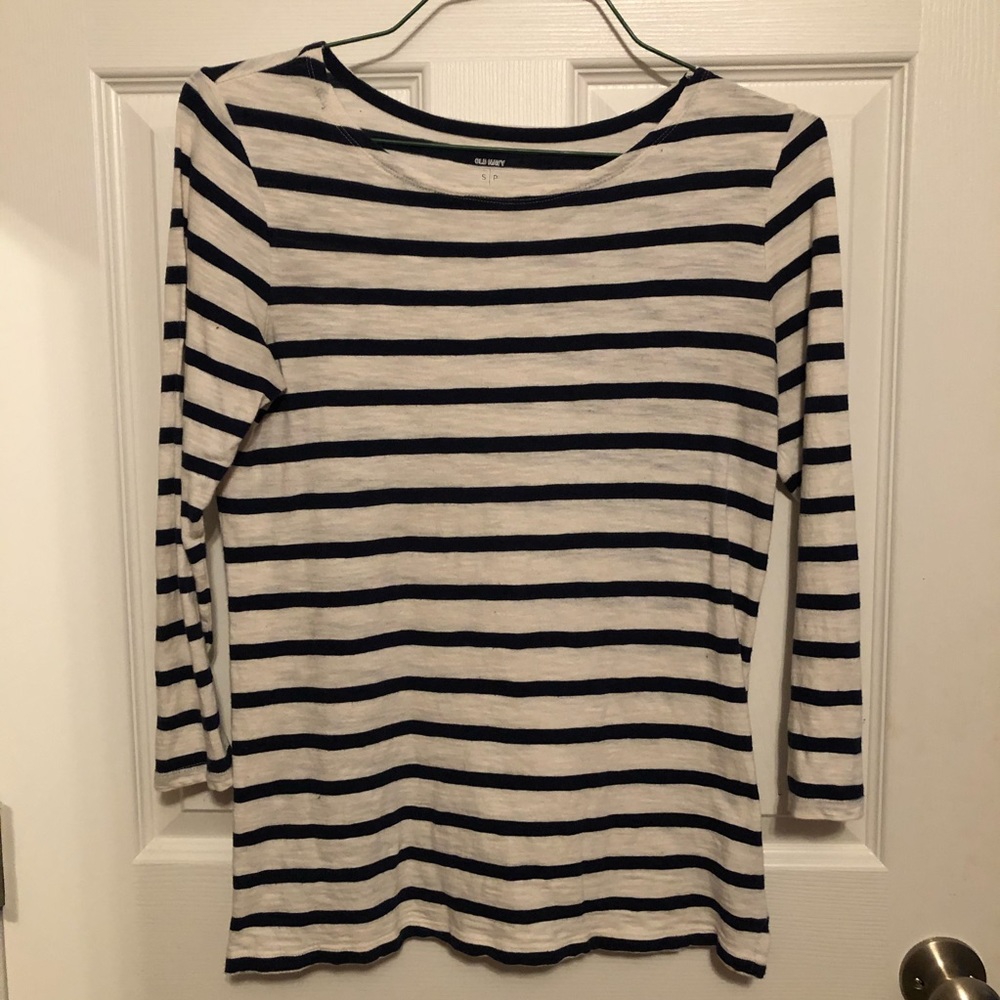 Navy Blue and White Striped Long-Sleeve Shirt